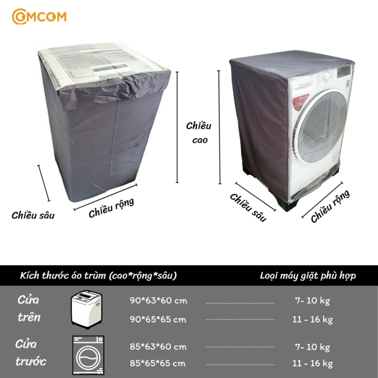 Sơ đồ đo chiều cao, chiều rộng và chiều sâu của máy giặt cửa trên và cửa trước