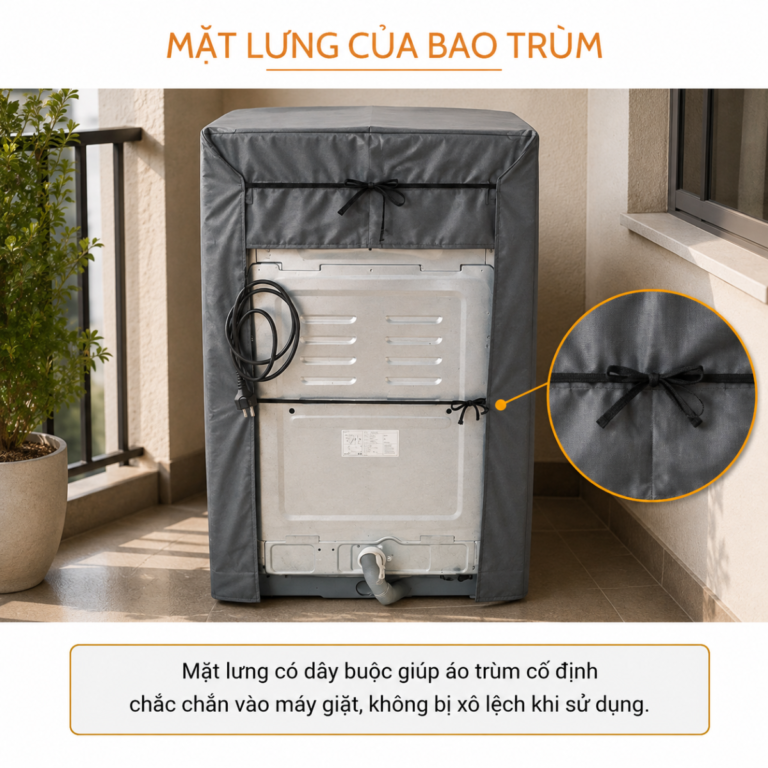 Mặt lưng áo trùm máy giặt vải Dù có dây buộc cố định vào thân máy