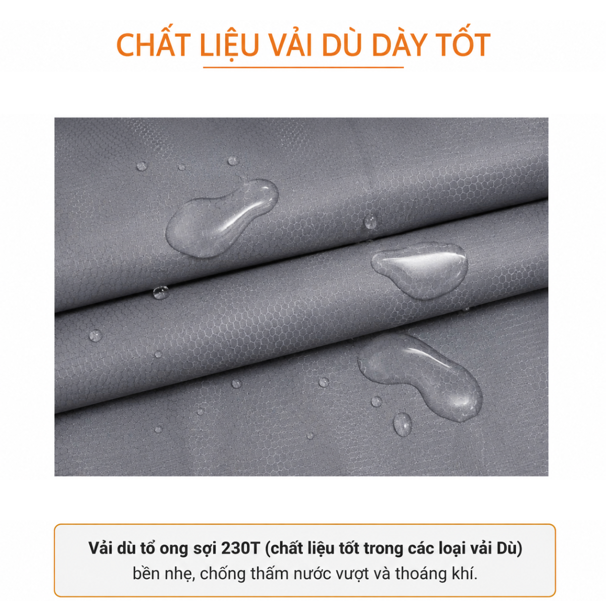 Vải Dù tổ ong sợi 230T chống thấm, nước đọng thành giọt trên bề mặt