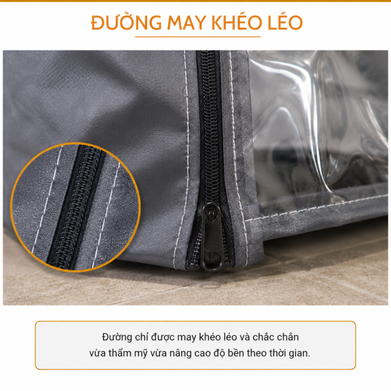 Đường may kép và mép gấp trên áo trùm máy giặt vải Dù