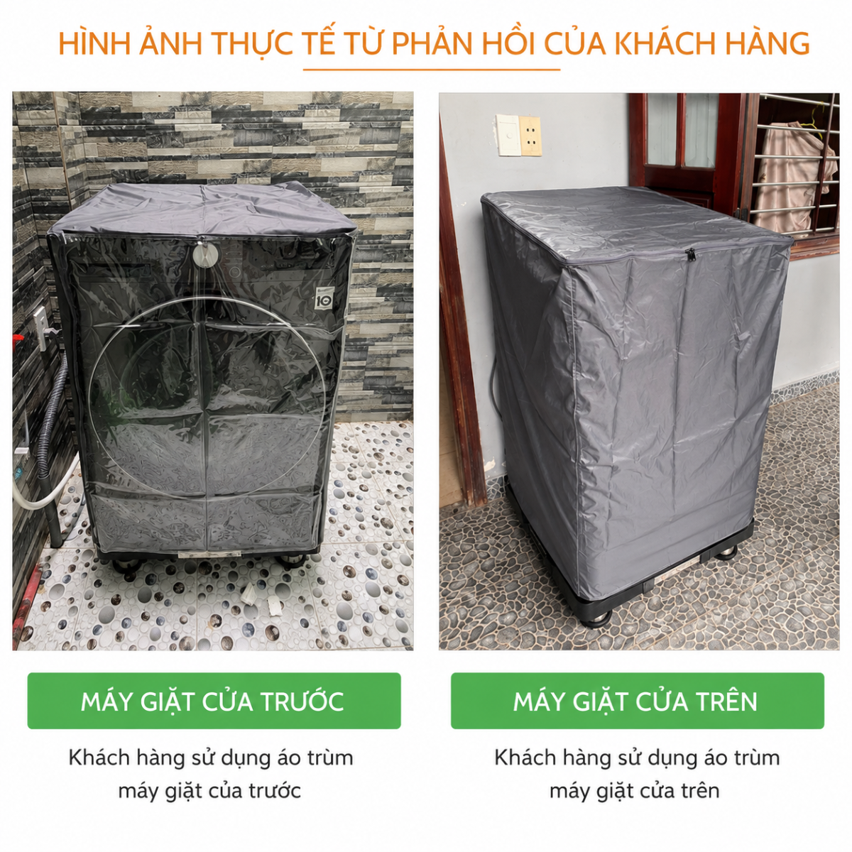 Ảnh thực tế khách hàng dùng áo trùm máy giặt vải Dù cho máy cửa trước và cửa trên